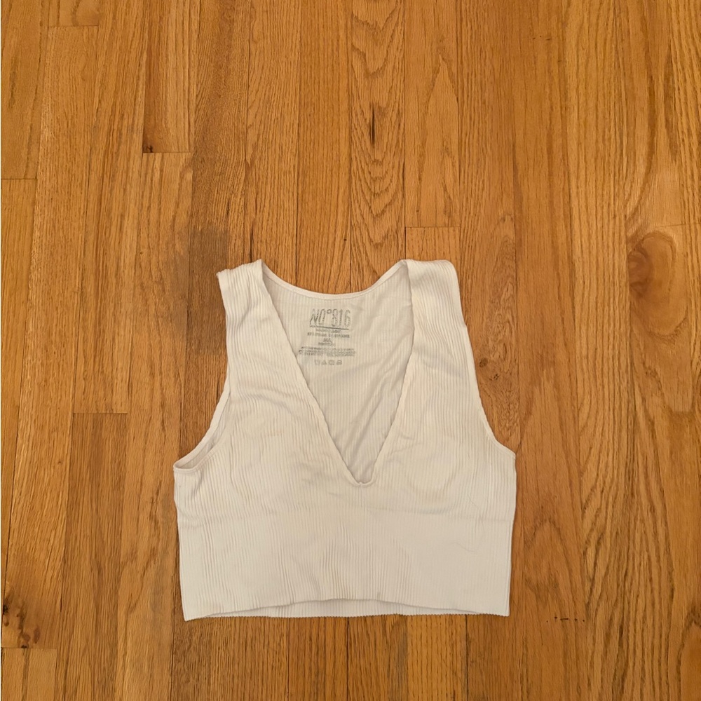 White Ribbed V-Neck Crop Top